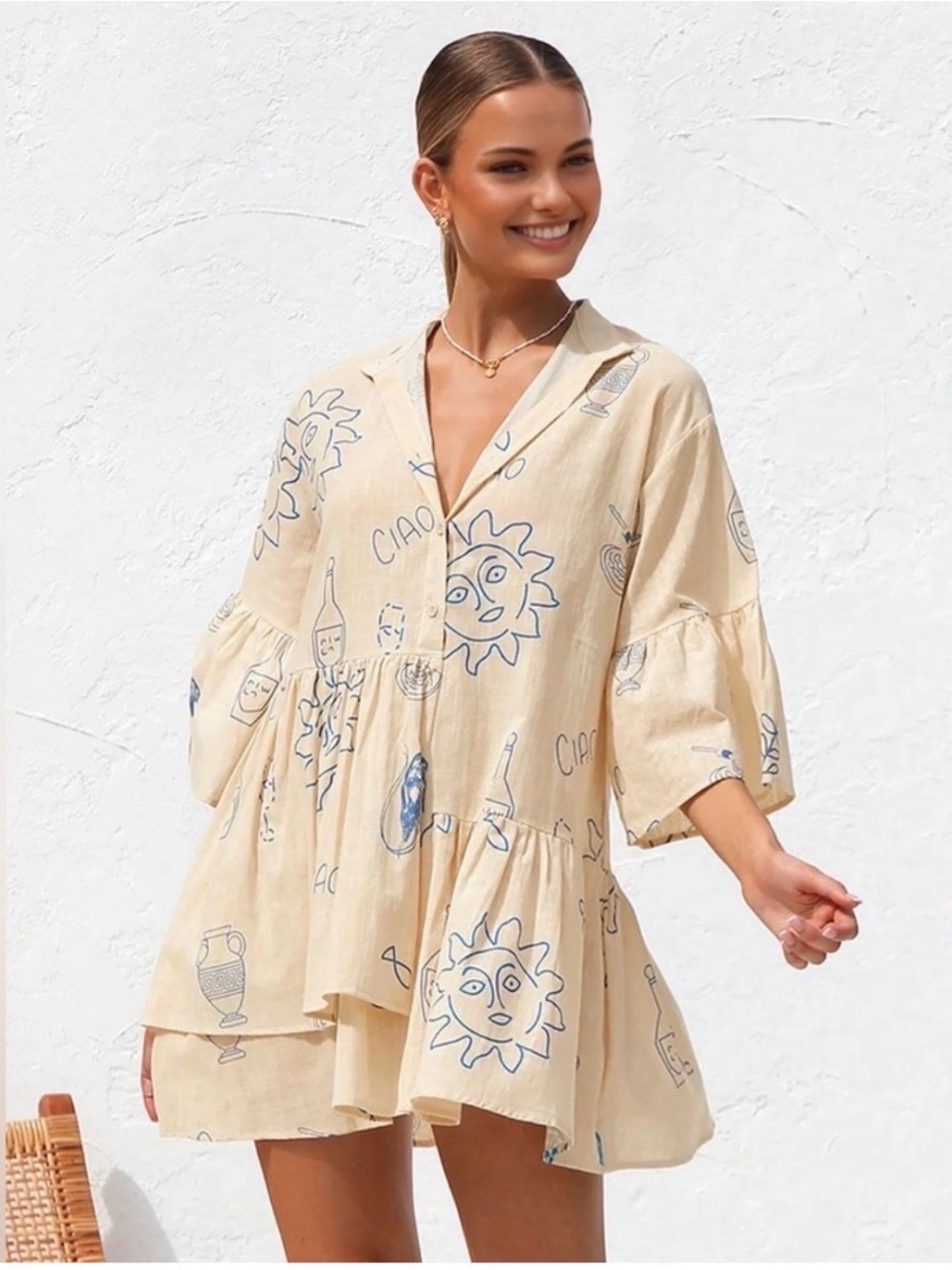 Commense Cream Mini Dress with Blue Sun Print
